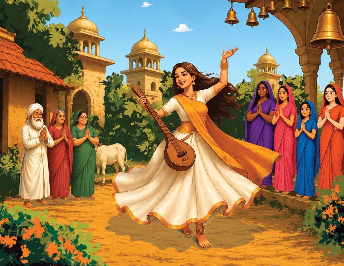 Illustration of the mystic poet Mirabai dancing with her tanpura as villagers look on